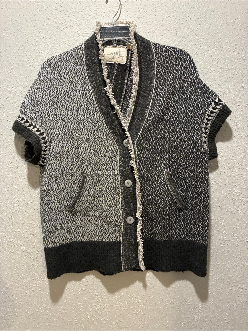 Angel Of The North Black and Cream Knit Cardigan with Fringe Detail